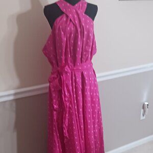 NWT Lane Bryant Criss - Cross Halter Dress Bright Fusia and White Maxi Length